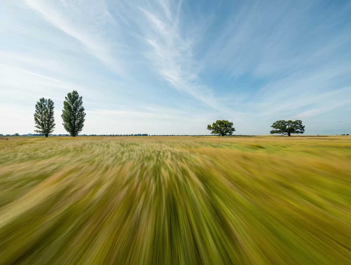 Open landscape with trees, clouds, and gentle breeze lines representing fresh outdoor air